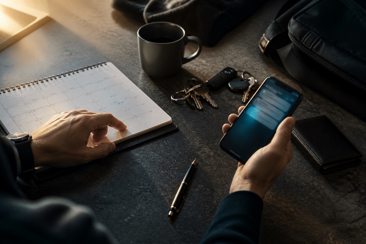 Hands checking a calendar, phone, keys, and work gear