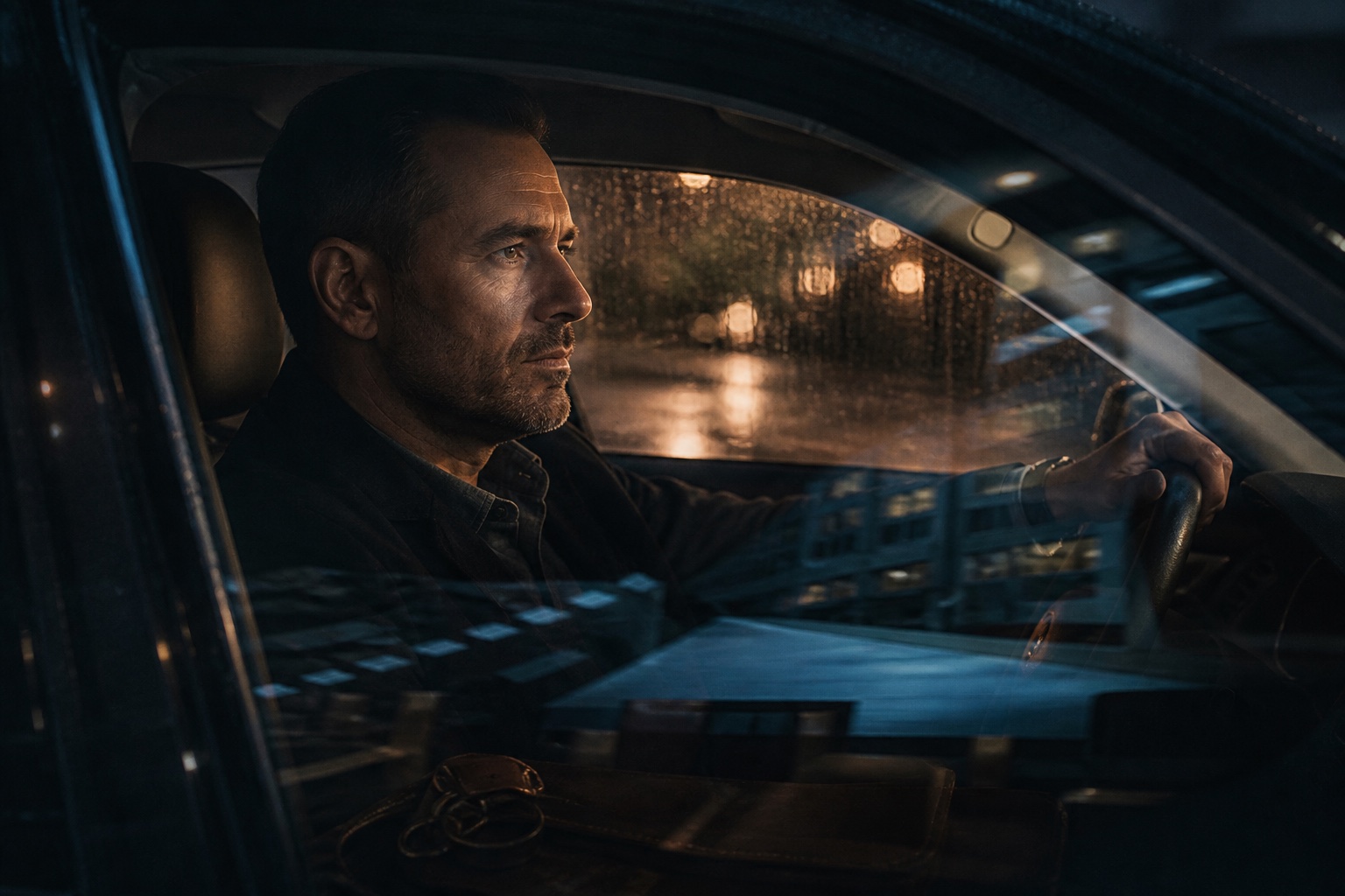 A depleted adult pausing in a parked car before responding