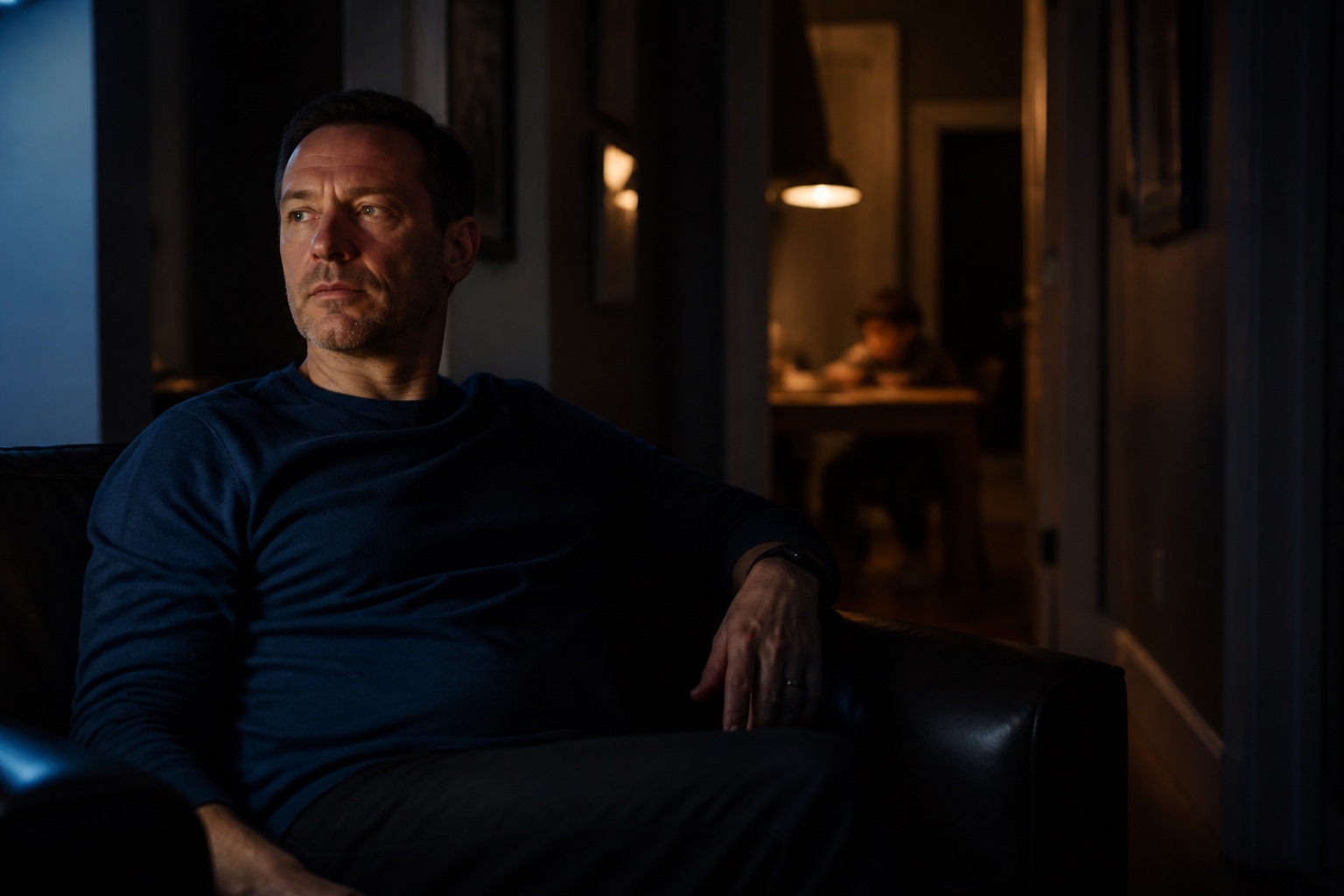 A man sitting apart while ordinary life continues softly in the background