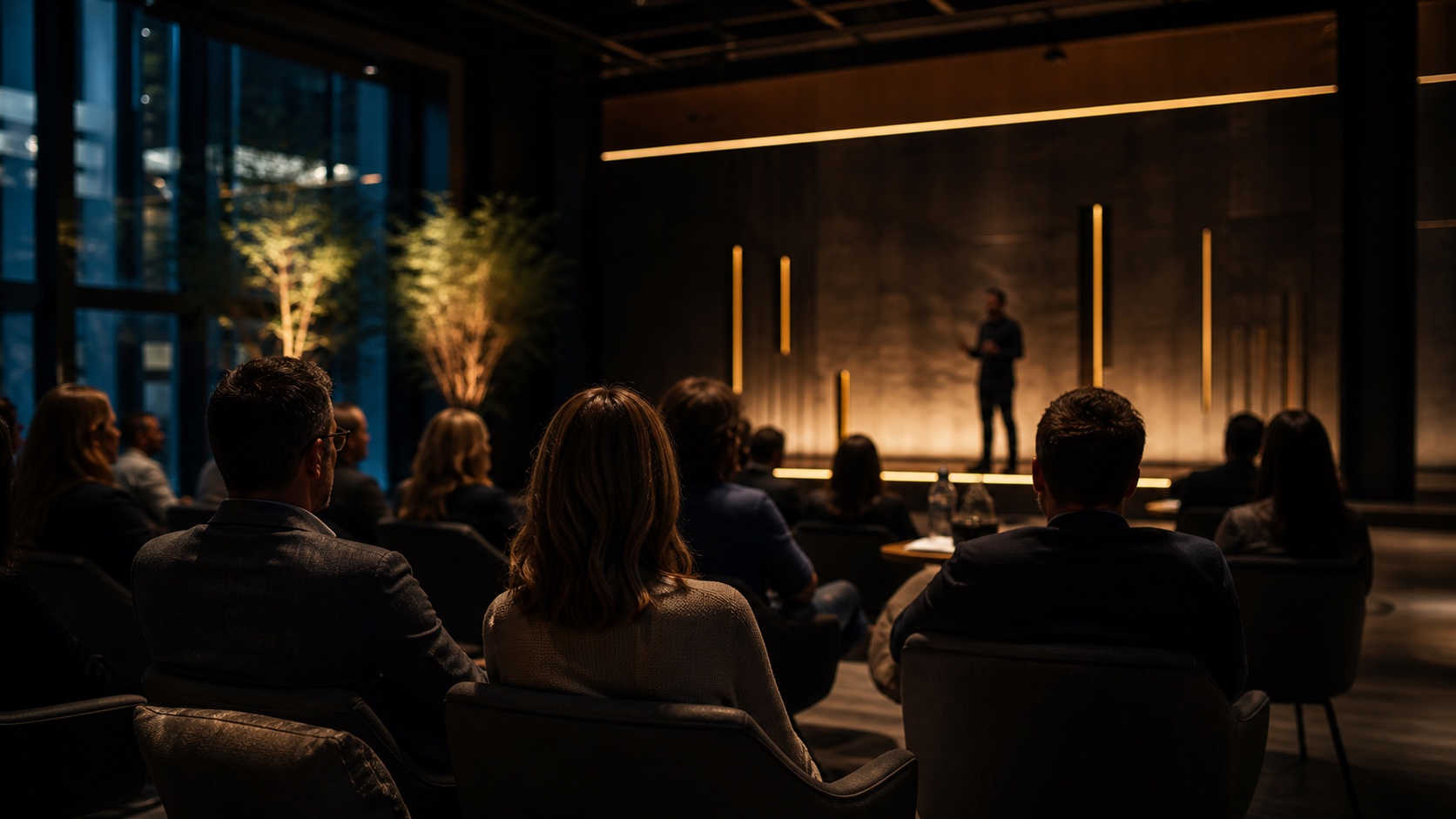 A leadership audience engaged in an intimate, contemporary speaking session